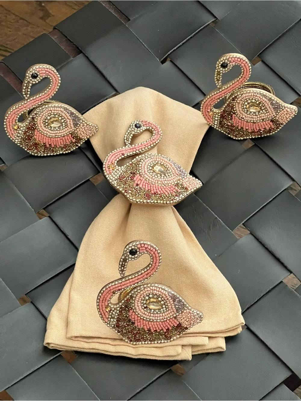 Pier 1 Imports Set of 4 Beaded Pink Flamingo Napkin Rings NWT